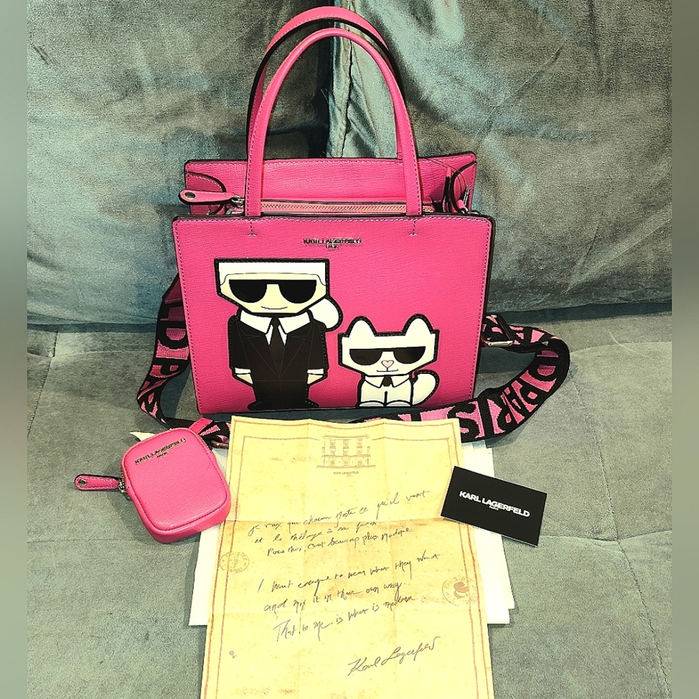 NWT KARL LAGERFELD PARIS MAYBELLINE  LEATHER TWO-WAY TOTE W/ RARE LOVE LETTER - Picture 5 of 16